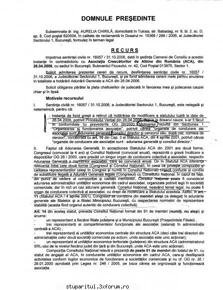 Documente Doamna chirila - Recurs Formulat de catre Chirila Aurelia - ASOCIATIA CRESCATORILOR DE ALBINE