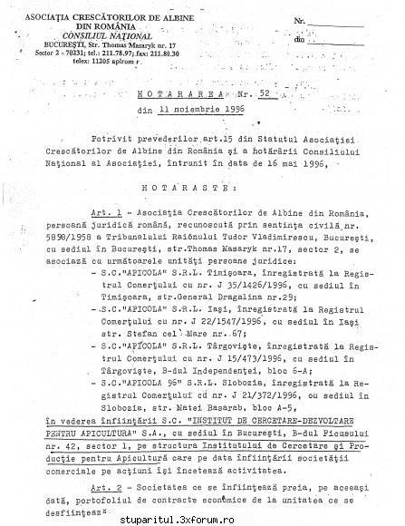 Documente Doamna chirila - Hotararea 52 prin care s-a desfiintat ICDA si - ASOCIATIA CRESCATORILOR DE ALBINE
