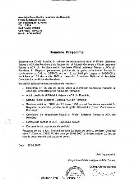 Documente Doamna chirila - Cerere inscriere � in baza acestei cereri si a - ASOCIATIA CRESCATORILOR DE ALBINE