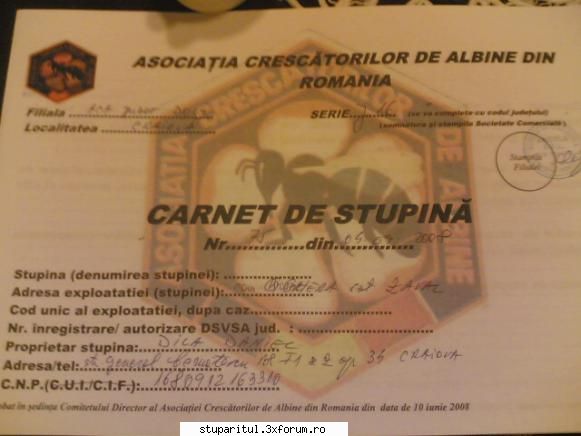 Evidenta stupinei - Acesta este carnetul stupinei de la ACA si este - DISCUTII APICOLE DIVERSE