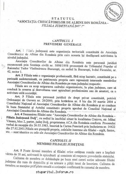 Statut ACA - Filiala judeteana Dolj - Cu amabilitatea d-lor D.Cotoi - ASOCIATIA CRESCATORILOR DE ALBINE